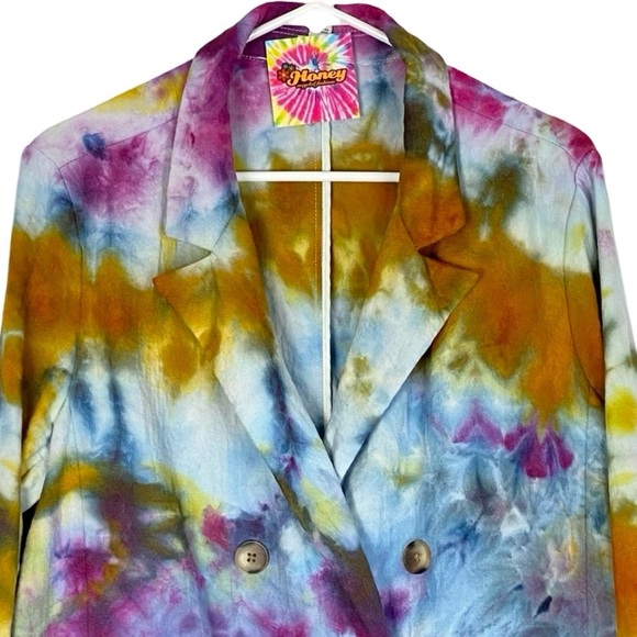 Handmade Ice Tie Dye Blazer Jacket Womens XXL Colorful Upcycled Double Breasted - Picture 3 of 12